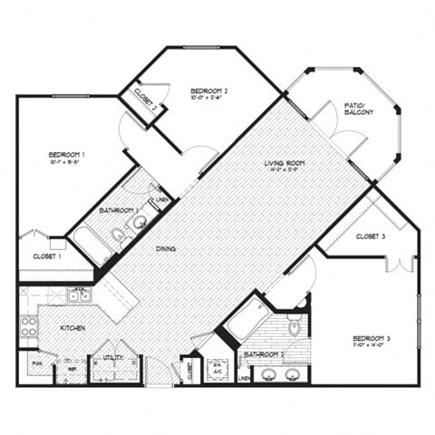 Floor plan for 3 beds, 2 baths, 1413 sqft